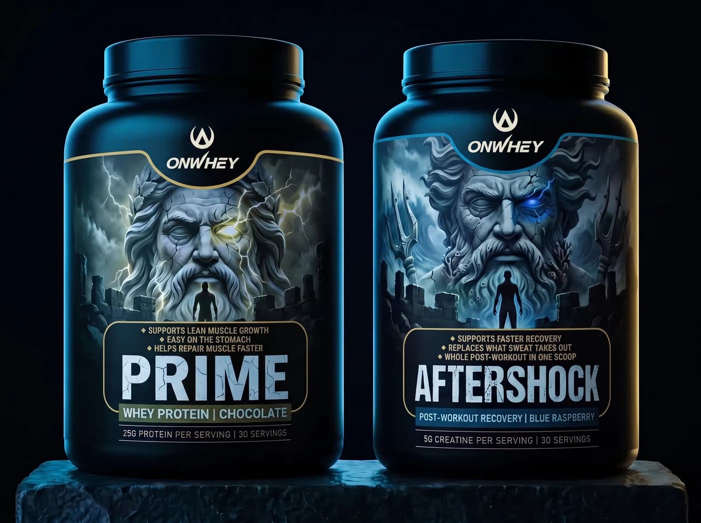 Prime and Aftershock tubs together on wet dark stone