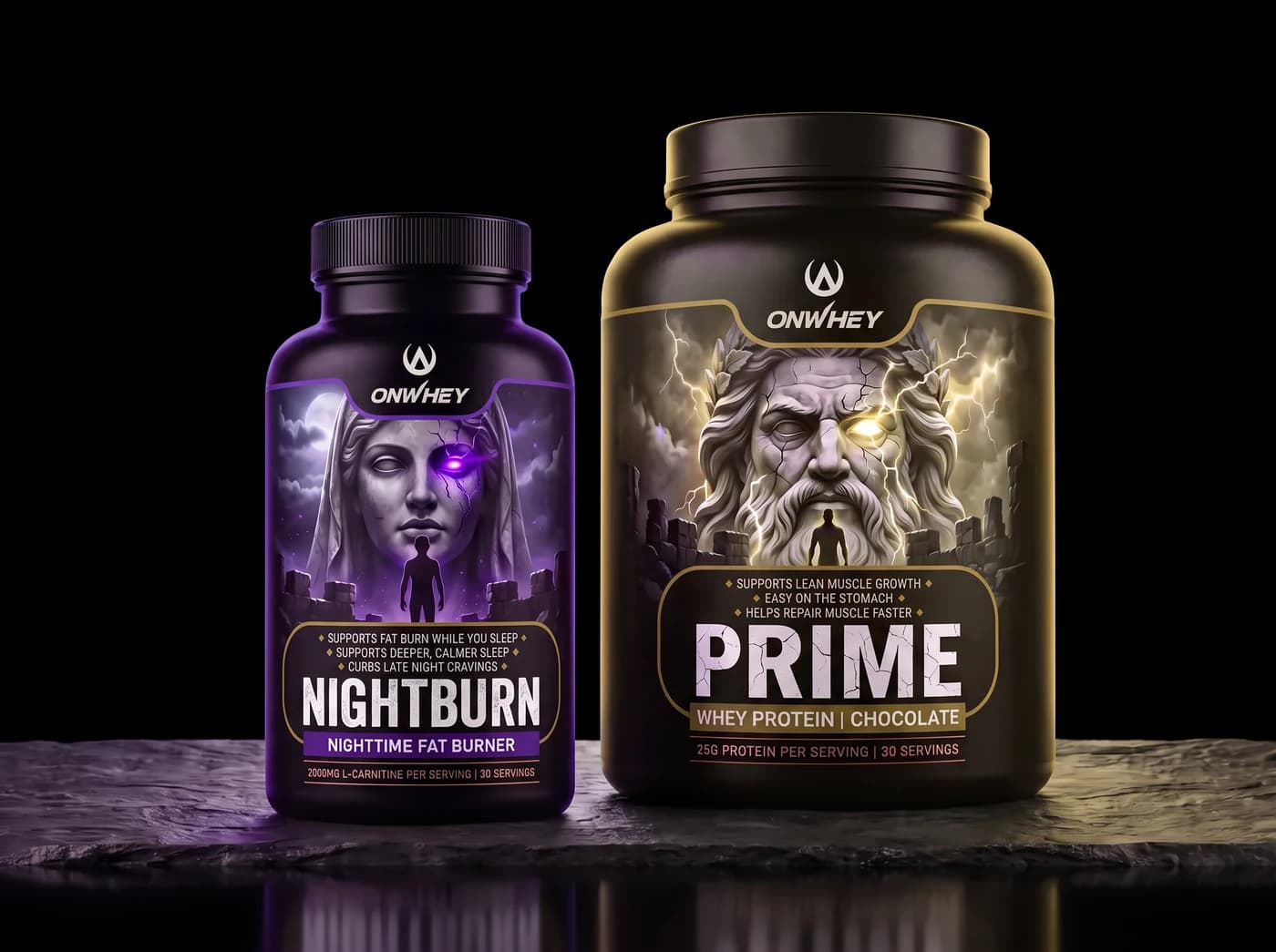 Nightburn and Prime tubs together under violet night light