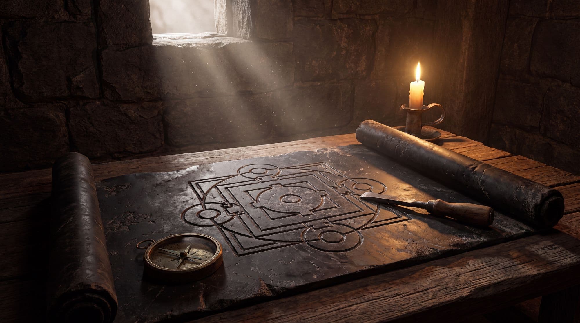 Temple floor plan carved into a stone tablet beside a bronze compass