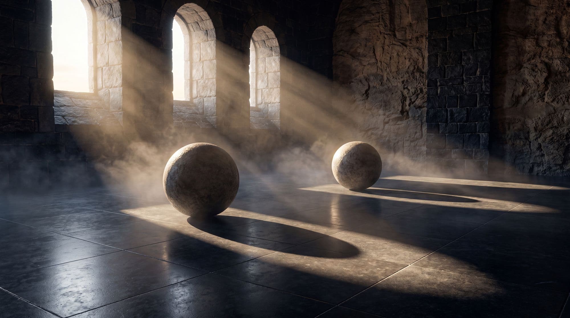 Row of atlas stones on a training field at dawn