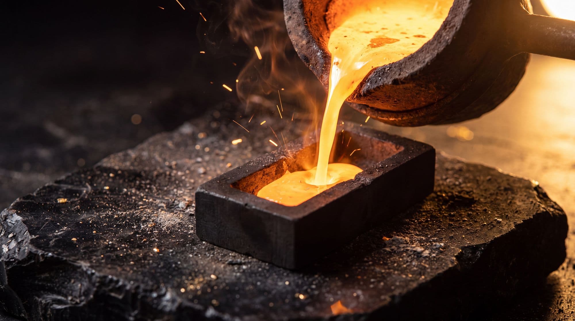 Molten gold pouring from a crucible