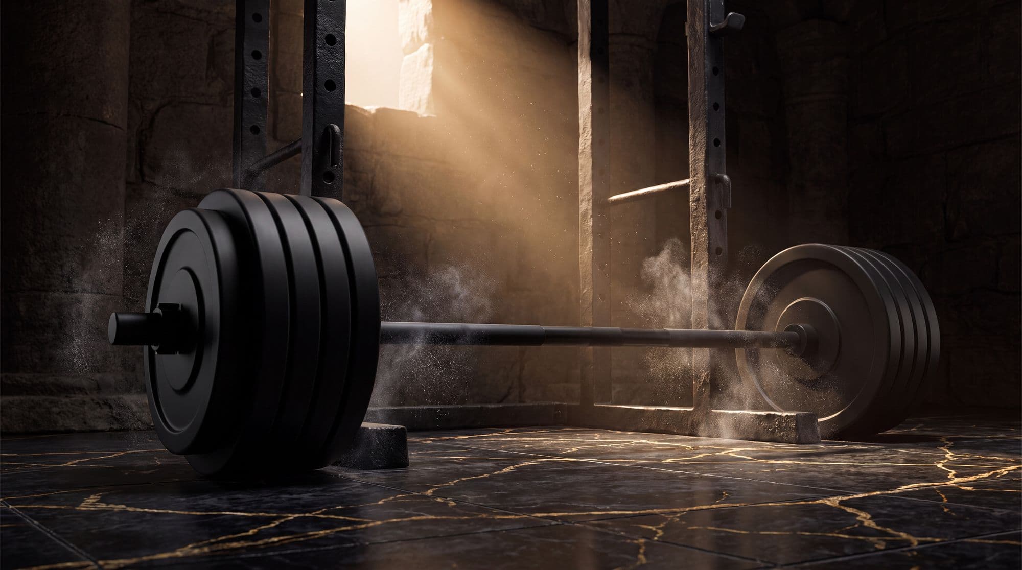 Loaded barbell in a shaft of light inside a stone temple