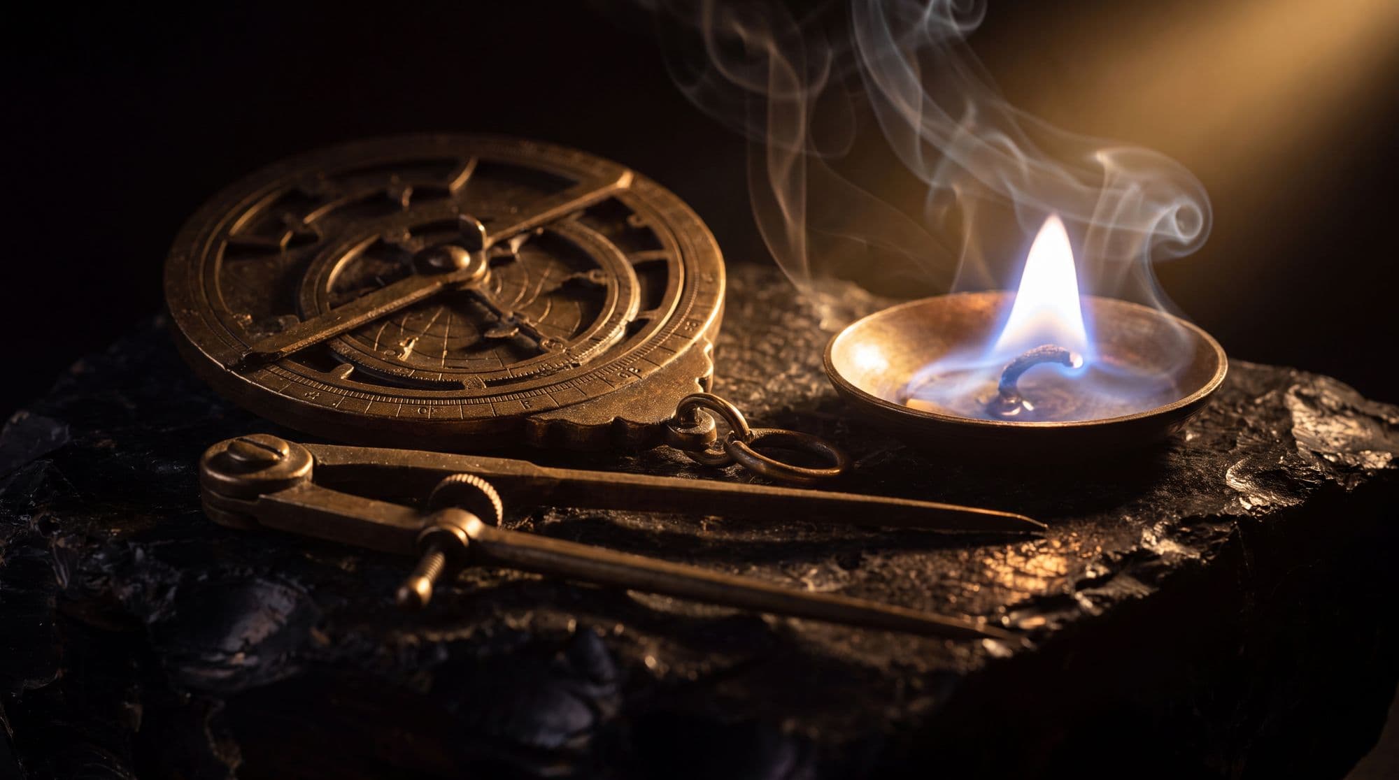 A bronze astrolabe lit by blue flame
