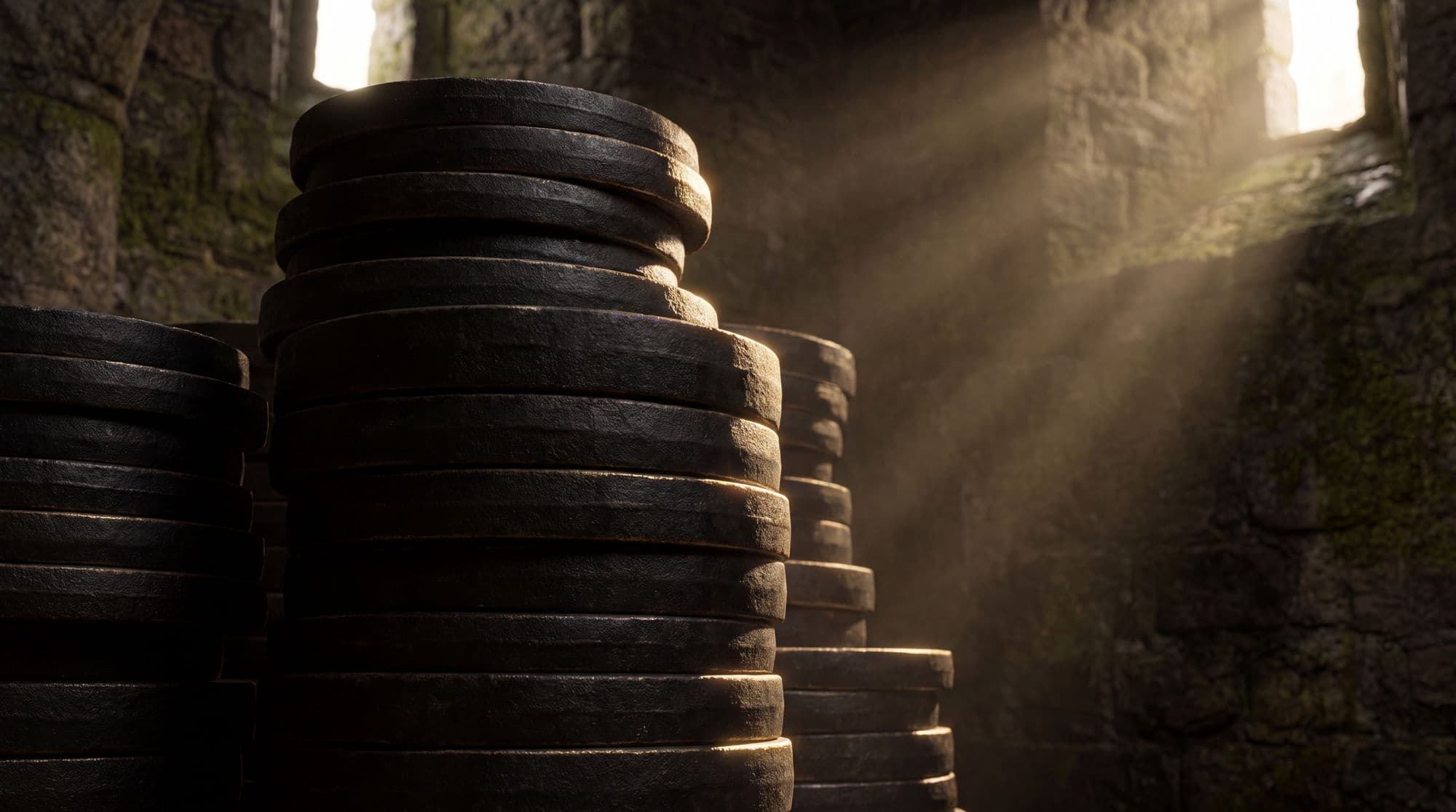 A column of black iron weight plates stacked in low light