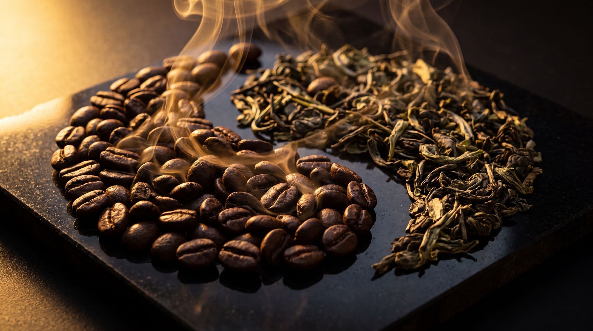 Coffee beans and tea leaves arranged as a yin and yang