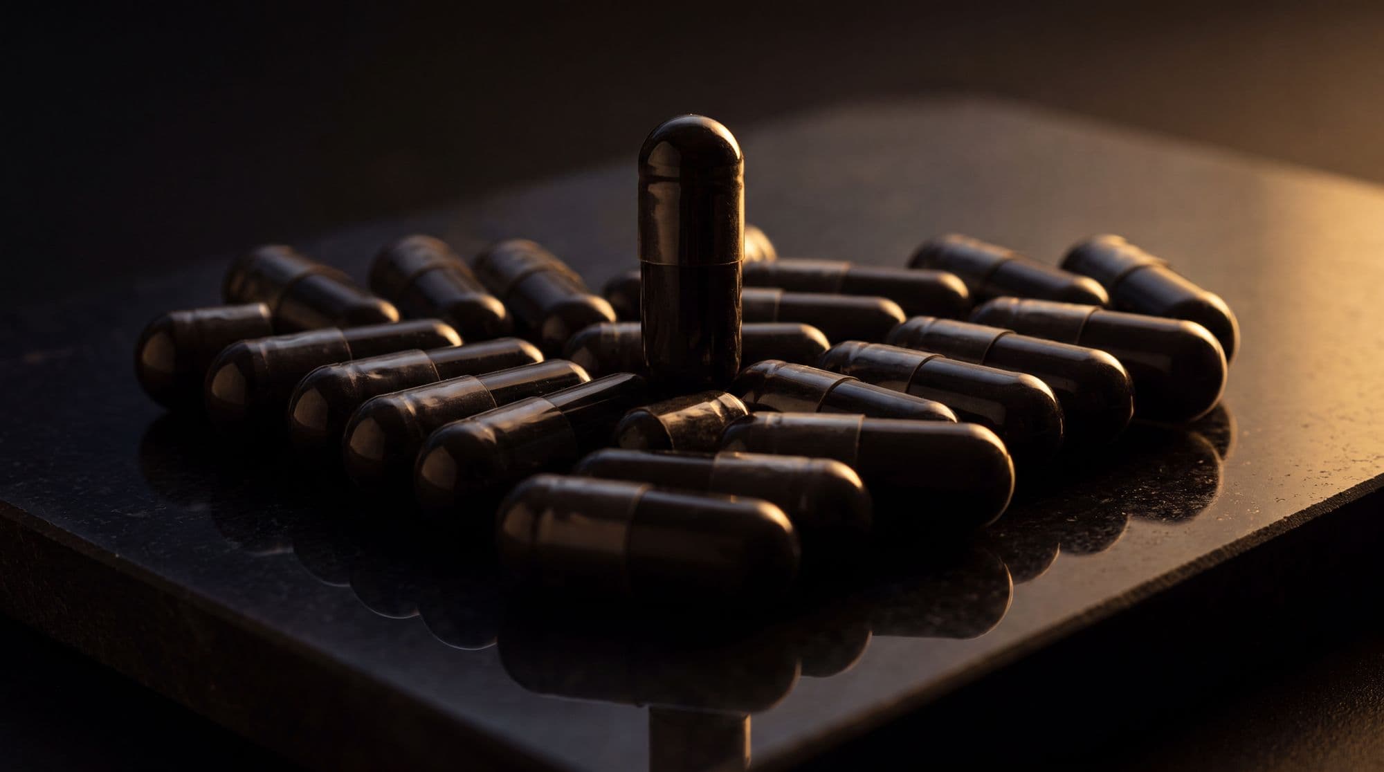 Black capsules arranged in formation on dark stone