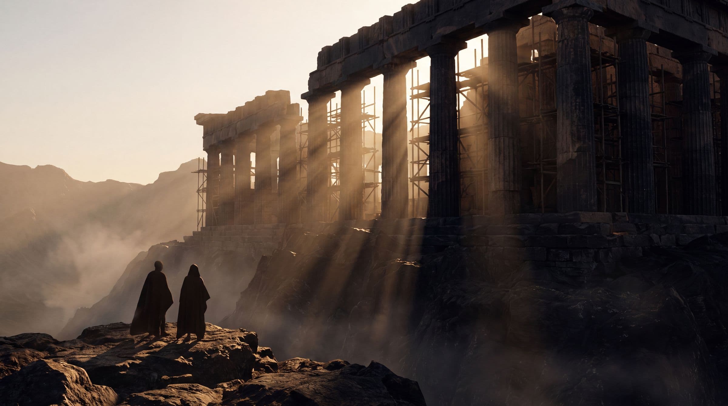 Two founders standing before a half-built temple at dawn