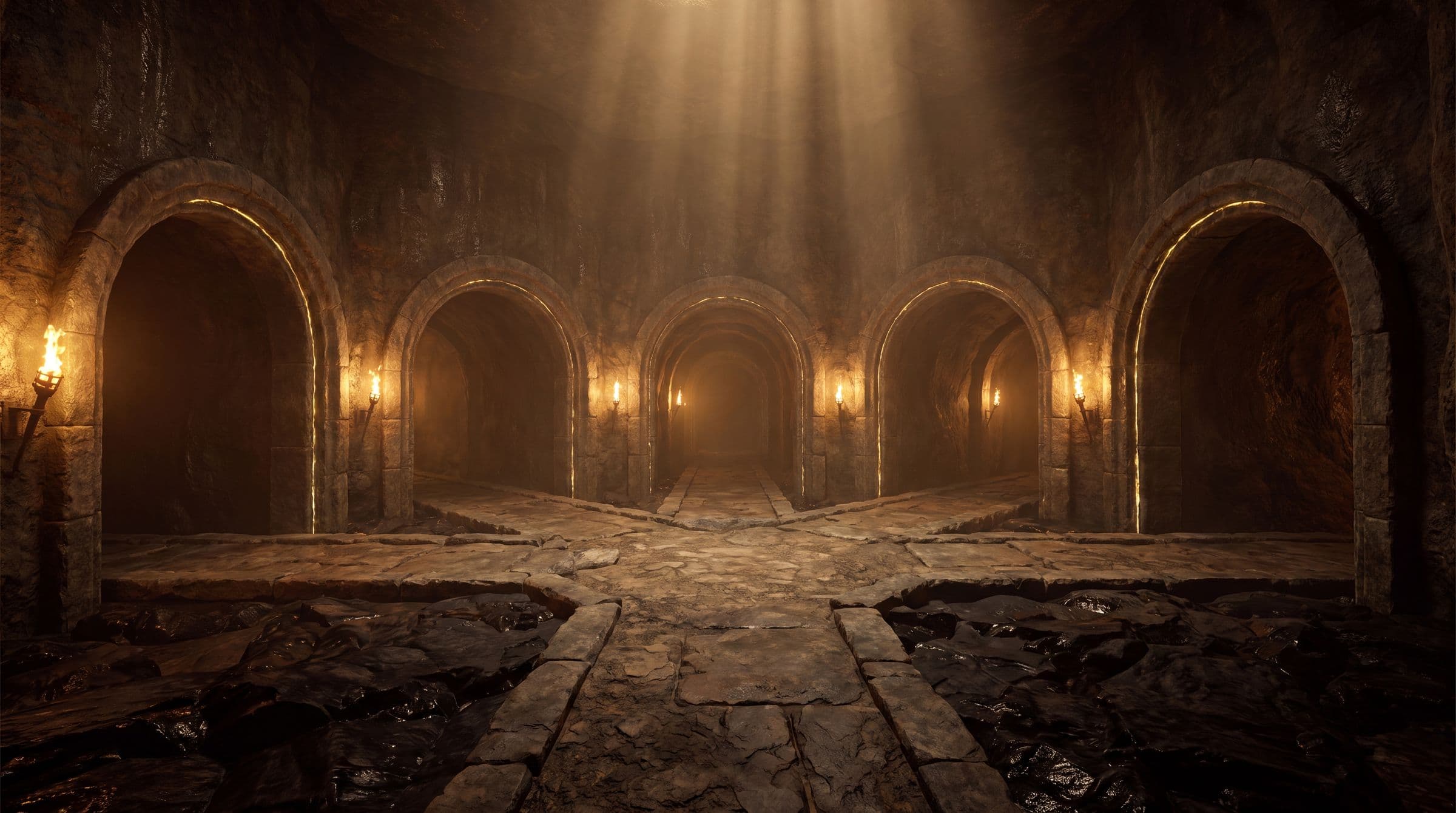 A torchlit stone chamber of five arched passages