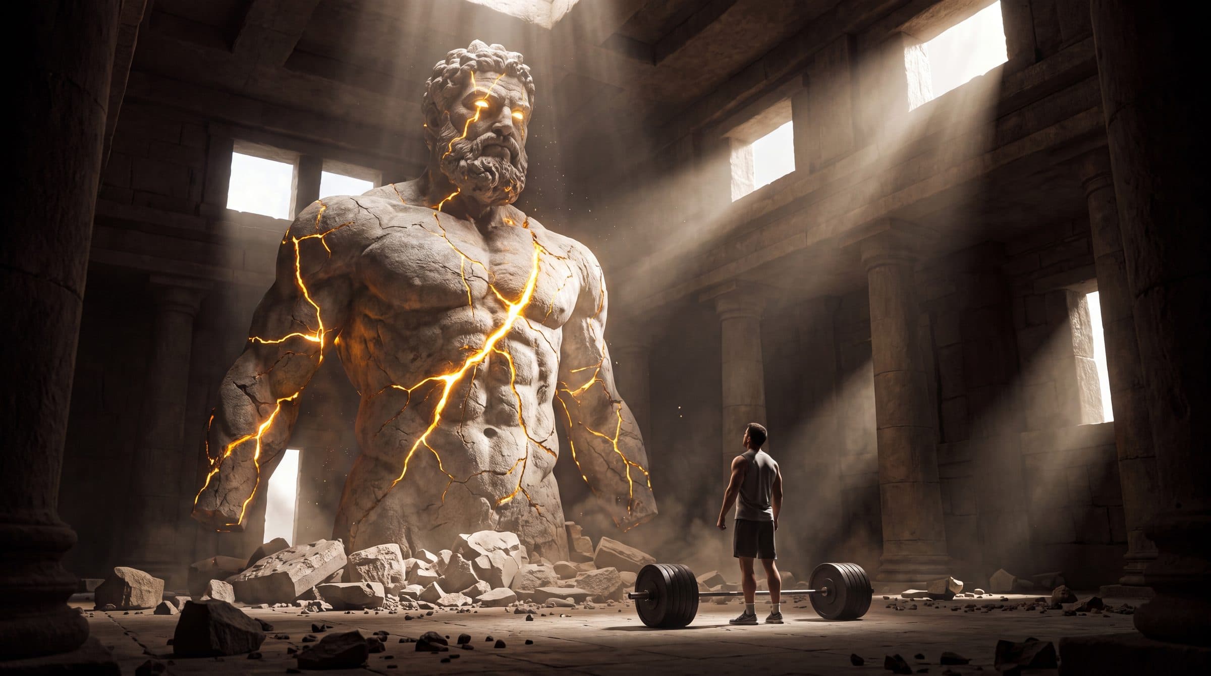 Marble statue of a lifter in a shaft of light